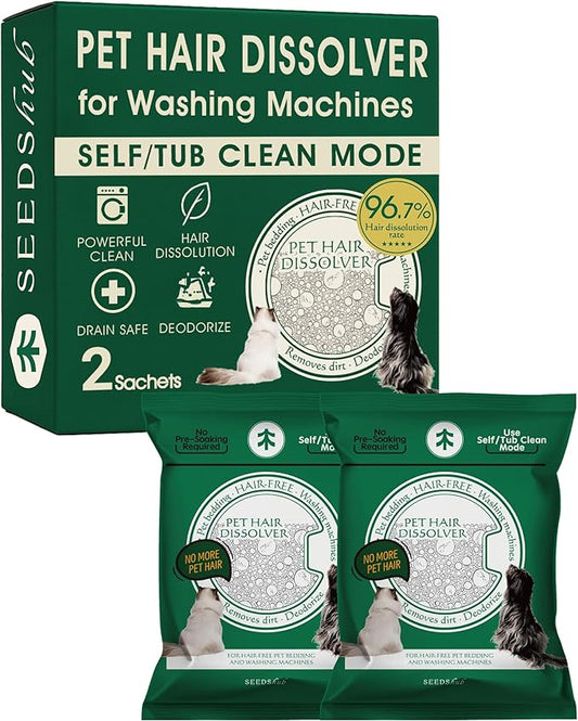 Pet Hair Dissolver for Washing Machine - Dog & Cat Hair Remover, 96.7% Hair Dissolution, Stain/Hair Remover for Laundry, 2 Sachets, HE/Top/Front-Load Compatible, Removes Residue & Odors, Septic Safe