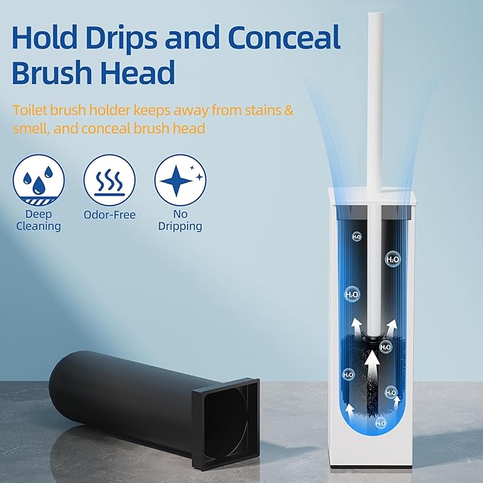RUACQ Toilet Brush and Holder Set 2pcs,Square Toilet Bowl Brush for Bathroom with 304 Stainless Steel Handle Toilet Cleaner Brush with Durable Scrubbing Bristles,Splash-Proof (White)