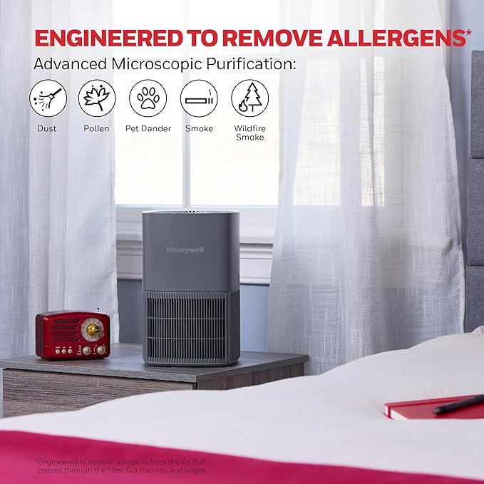 Honeywell AllergenPlus HEPA Air Purifier for Home, 530 Ft² Rooms in 1 hour, 3-in-1 Filter, Compact Design, Auto Mode, Reduces Allergens, Dust, Pollen, Smoke, Pet Dander, Odors, Grey, HPA125V