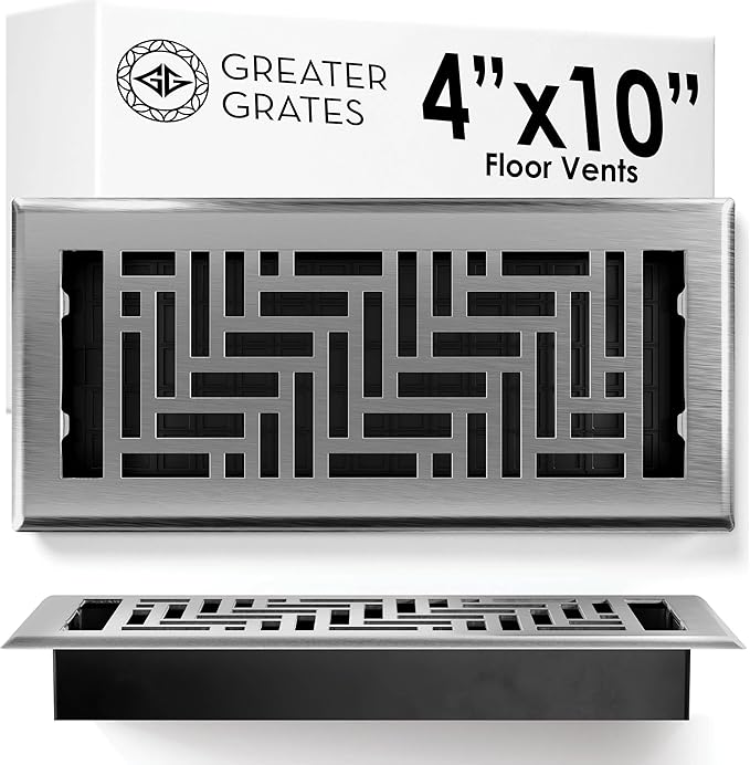 Floor Register 4x10 Vent Cover – Heavy-Duty Steel, Rustproof & Walkable Grates, Easy Drop-in Install, Adjustable Air Supply Switch - Decorative Herringbone Design, Brushed Nickel