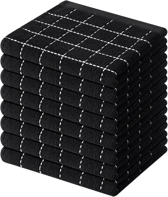 Mordimy 100% Cotton Terry Cloth Dish Cloths, Soft and Absorbent Checkered Dish Towels, Quick Drying Dish Rags for Washing Dishes, 8 Pack, 12 x 12 Inches, Black