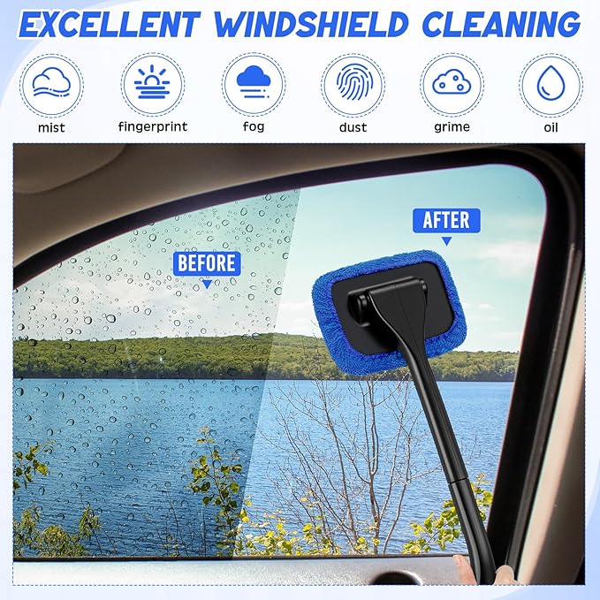 8 Pcs Car Windshield Cleaner Tool Kit with Removable Handle, Microfiber Towel Pads, Brush, Empty Spray Bottle for Auto Glass Wiper Suvs Rvs & Home Windows(Royal Blue)