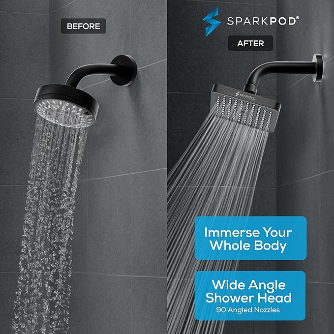 SparkPod Shower Head - High Pressure Rain - Premium Quality Luxury Design - 1-Min Install - Easy Clean Adjustable Replacement for Your Bathroom Shower Heads (Midnight Black Matte, 6 Inch Square)
