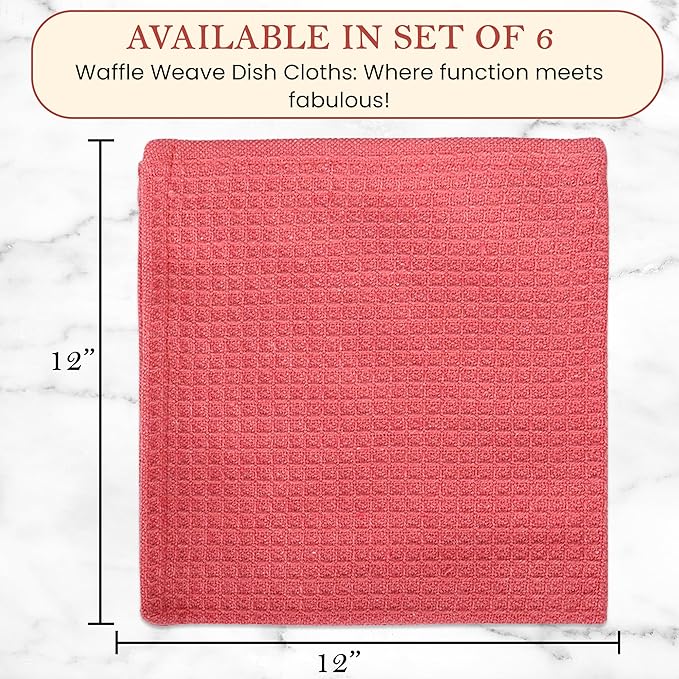 Vintage Vista 100% Cotton Waffle Dish Cloths (Pack of 6) - Dish Rags for Washing Dishes - Reusable & Highly Absorbent Kitchen Towels - Kitchen Rags for Christmas - (12" x 12" - Pink)