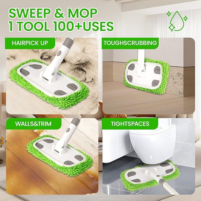 Reusable Microfiber Floor Mop System, Wet & Dry Sweeper Kit, Includes 1 Sweeper Handle, 3 Washable Chenille Mop Pads, Dry & Wet Use for Hardwood, Tile, and Laminate Floor