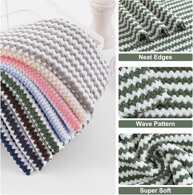 Homaxy 18 Pack Kitchen Dish Cloths, Ultra Soft and Absorbent Dish Towels, Reusable Fast Drying Microfiber Cleaning Cloth, Coral Velvet Wave Design No-lint, 10 x 10 inches, Blue/Pink/Grass Green