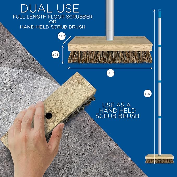 LOLA Deck Scrub Brush, 9" x 3.5" Head w/Palmyra Bristles for Outdoor Cleaning, Removes Dirt & Grime from Patios, Decks, Grout, 1 Pack
