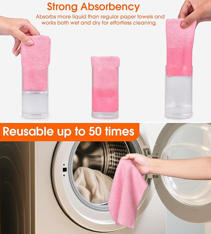 Microfiber Cleaning Cloth Roll - 100 Pack Tear Away Microfiber Paper Towels, Reusable, Washable, Scratch-Free, Kitchen Towels for Car, Home, Kitchen, Glass, Dishes(Pink)