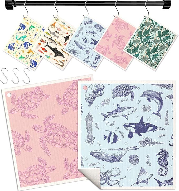 Swedish Dishcloths for Kitchen with Hooks - Reusable Dish Cloths for Washing Dishes Fast Drying Cute Fun 5 Pack Swedish Dish Towels Washable Cleaning Sponge, Deep Sea Fish