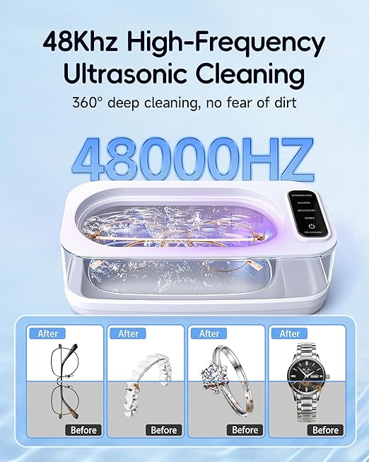 Ultrasonic Jewelry Cleaner Machine, 48KHz Ring Ultrasonic Cleaner, 4 Cleaning Modes - Suitable for Eyeglasses, Jewelry, Rings, Watchbands, Braces, Dentures, 13.5oz 304 Stainless Steel Tank for Gift