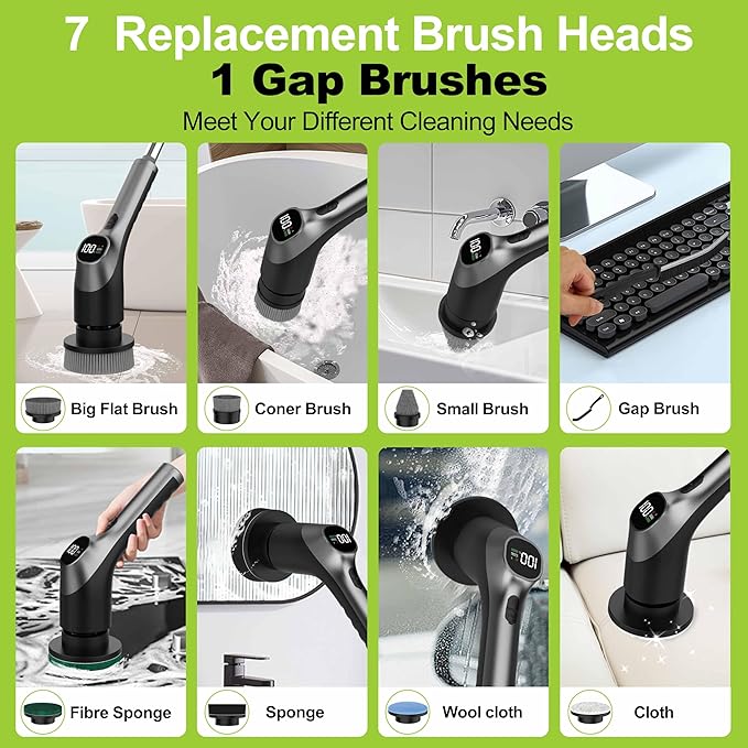 WKY-Electric Spin Scrubber - Upgraded 12-in-1 IPX7 Waterproof Shower Scrubber, Retractable Handle & 2-Speed for Toilet, Bathroom, Bathtub, Tile Floors Black
