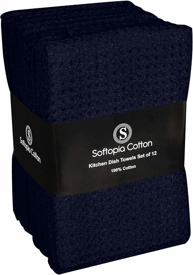 Navy Waffle Kitchen Dish Towels 100% Cotton, Soft, Absorbent, Quick Drying, Multipurpose Use, Bar & Tea Towels, 16x26 Inches, Durable, Machine Washable, Reusable, Set of 12, Navy Blue