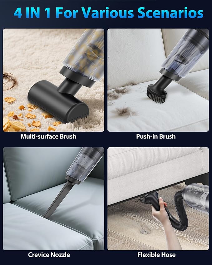 Handheld Vacuum Cordless 1.1 Pounds Car Vac 10000PA Hand Held Vacuums 4-in-1 Hand Vac Cordless Rechargeable HEPA Filter Large Capacity Dust Cup for Car Office Home Pets Hair (Gray)