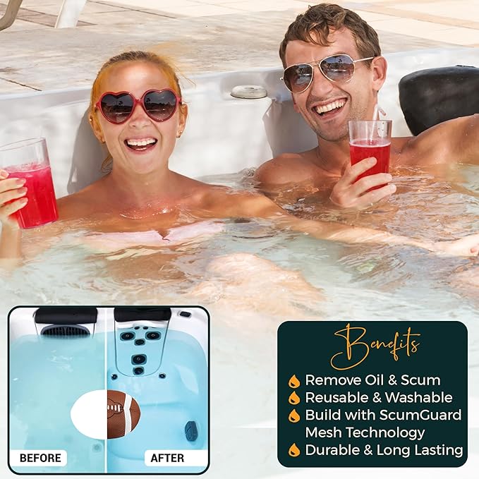 Hot Tub Scum Absorber Football ScumGuard Mesh - 2-Pack Oil & Scum Absorber for Spa, Hot Tub & Pool - Keeps Water Clear & Filters Protected - Includes Pool Net Skimmer & 2 Washable Football Absorbers