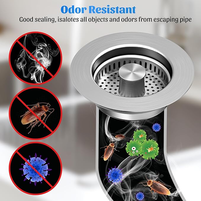 NinjaTiger Kitchen Sink Drain Strainer - 2-Pack Stainless Steel Sink Stopper 3-in-1 Pop-Up Sink Strainer with Anti-Clogging Basket Odor Filter Sink Drain Cover Plug for US Standard 3-1/2 Inch Drain