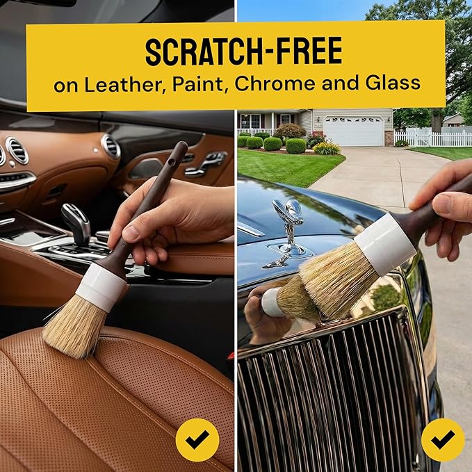 Car Detailing Brush Set 3-pc - Scratch-Free Boars Hair for Interior and Exterior Work - Pro Quality Car Cleaning Brush Kit for Leather Seats, Dashboards, Wheels, Grills and Paint
