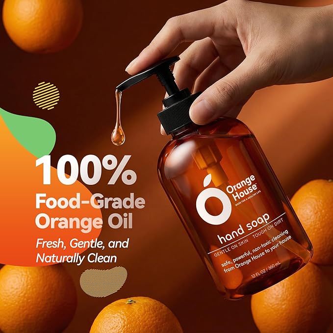 Orange House Natural Liquid Hand Soap with Food-Grade Orange Oil, Cruelty-free, Soft and Moisturizing, 12 Fl Oz