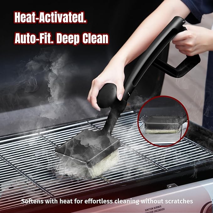 Bristle Free Grill Brush with Steam Cleaning with Replaceable Aramid Fiber Head - Heat Resistant to 600°F, Built-in Scraper for Cast Iron, Stainless Steel, Gas, Charcoal & Pellet Grills