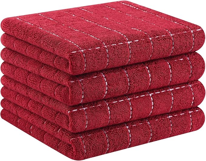 Homaxy 100% Cotton Terry Kitchen Towels(Brick Red, 13 x 28 inches), Checkered Designed, Soft and Super Absorbent Dish Towels, 4 Pack