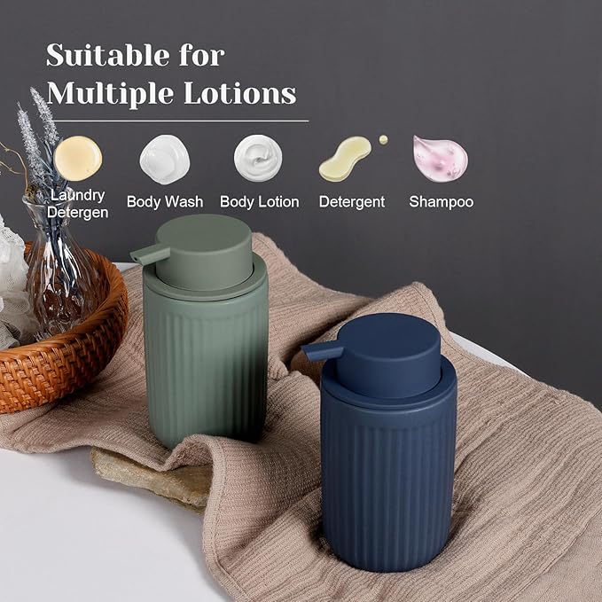 INGOFIN Ceramic Lotion Dispenser - 12oz Liquid Hand Soap Dispenser Bathroom, Modern Refillable Dish Soap Dispenser with Pump for Kitchen, Stripe Blue