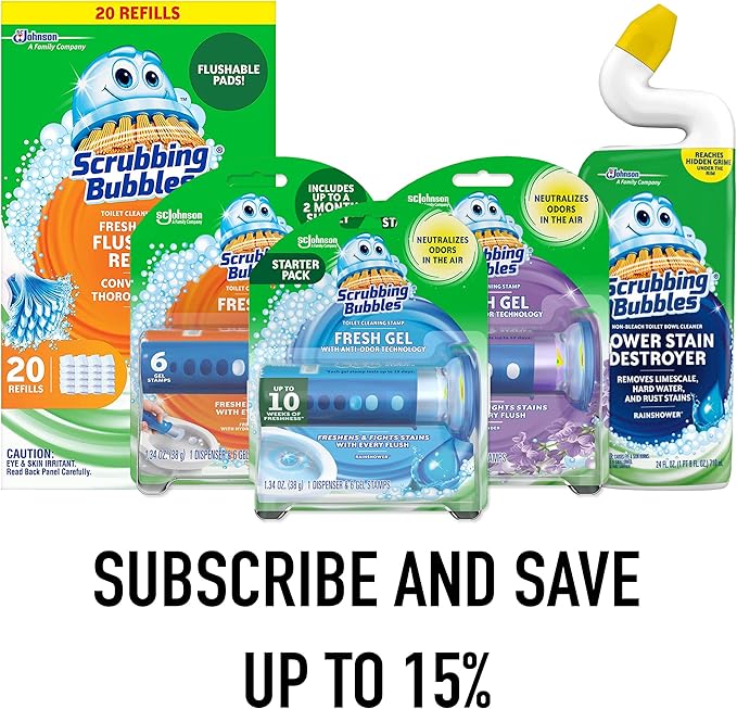Scrubbing Bubbles Fresh Gel Toilet Bowl Cleaning Stamps, Helps Keep Toilet Clean and Helps Prevent Limescale & Rings, Rainshower Scent, 1 Dispenser with 6 Fresh Gel Stamps (Pack of 4)