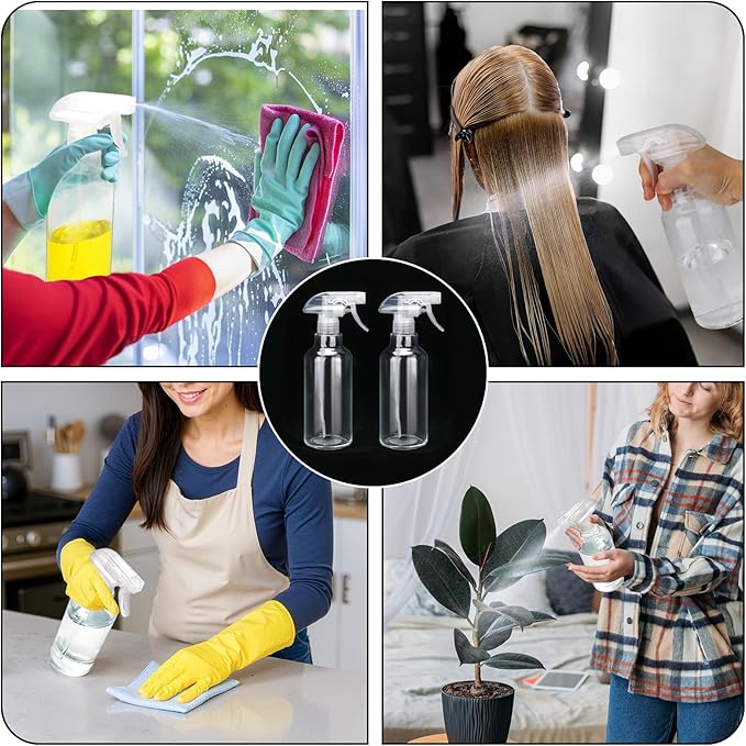 Cosywell Glass Spray Bottles 16.9oz/500ml 2 Pack Empty Spray Bottle for Cleaning Mist/Stream Heavy Duty Water Spraying Bottle for Cooking Solutions Essential Oils Hair Care(Clear)