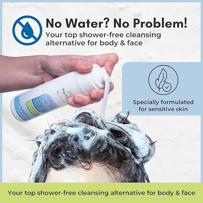 Nurture Rinse Free Waterless Foaming Cleanser | Women, Camping, Elderly & Hospital Care | Waterless Shower & Bath Wash w/Aloe for Sensitive Dry Skin
