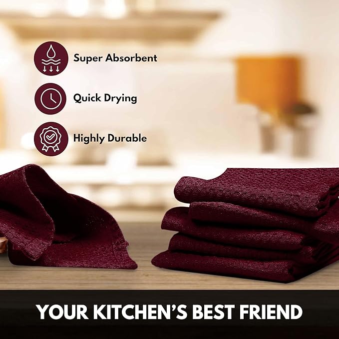Burgundy Waffle Kitchen Dish Towels, 100% Cotton, Quick Dry, Super Absorbent, Soft, 16x26 Inches – Ideal for Dish Drying, Bar, Hand Wipe, Cleaning, and Everyday Use, 12 Pack, Maroon