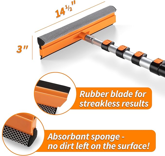 5-24 ft Window Washer Squeegee Kit with Extension Pole (30+ Foot Reach) // Long Handle Squeegee for Window Cleaning & Car Cleaning Multi-Use//Telescopic Professional Window Cleaning Squeegee for Home