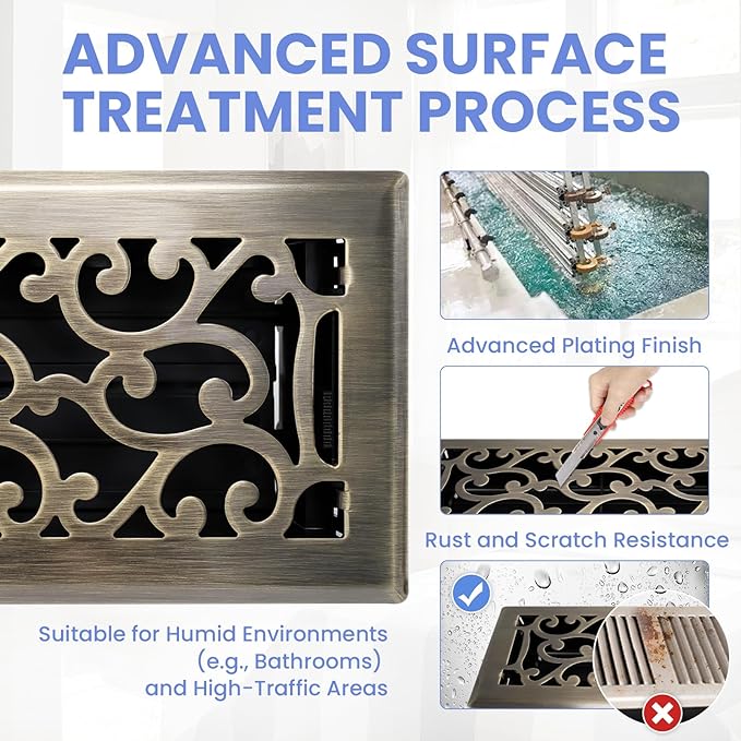 4x12 Inches 4 Pack Heavy Duty Walkable Floor Register - Easy Adjust Air Supply Lever Decorative Floor Vent Covers, Savannah Design Vent Covers for Home - Antique Brass