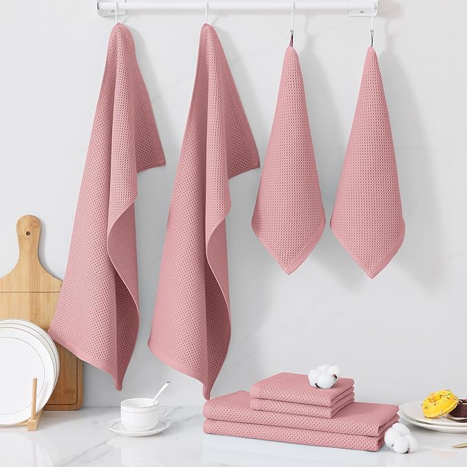 Homaxy 100% Cotton Kitchen Towels and Dishcloths Set, 12 x 12 Inches and 13 x 28 Inches, Set of 8 Bulk Kitchen Towels Set, Ultra Soft Absorbent Dish Cloths for Washing Dishes, Dried Rose