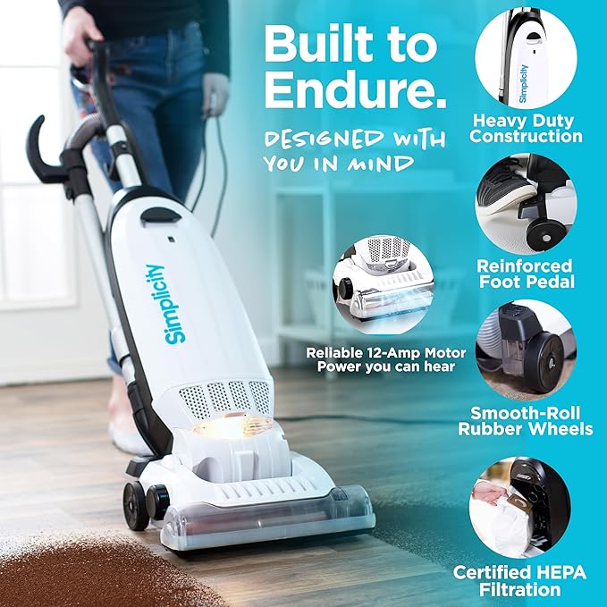 Simplicity Vacuums Allergy Upright Vacuum with Bags and Filter Set Bundle, Bagged Vacuum Cleaner with Certified Hepa Vacuum for Pet Hair, S20EZM