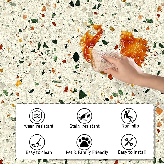 Nuxovilar Peel and Stick Vinyl Floor Tiles, 12x12 Inch Terrazzo Pattern, Self-Adhesive Flooring (10 Pcs)