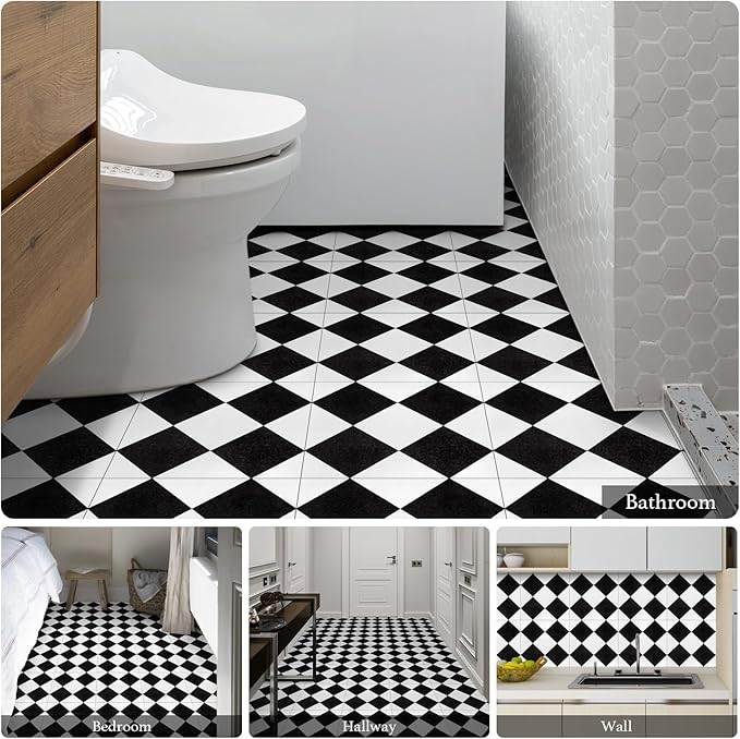 Elffloor Peel and Stick Floor Tile: 20pc 11.8 * 11.8in Self-Adhesive Waterproof Vinyl Flooring Black and White Tiles Sticker for Bathroom, Kitchen, Bedroom, Living Room