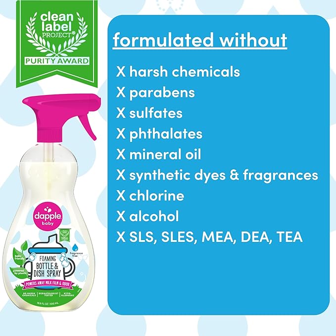Dapple Baby Bottle & Dish Foaming Power Spray, Hypoallergenic Dish Soap for Baby Bottles, Powered by Plants, Fragrance Free, 16.9 Fl Oz (Pack of 2)