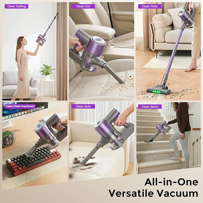 Cordless Vacuum Cleaner,Vacuum Cleaner for Home with Brushless Motor,Lightweight Stick Vacuum with Self-Standing and Touch Screen,Hardwood Floor Vacuum for Pet Hair,Carpets,Tile(Purple)