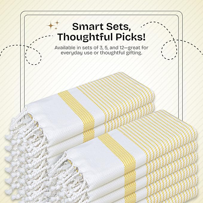 3 Pack Lemon Yellow Turkish Kitchen Towels 16"x26", 100% Cotton, Ultra Absorbent, Soft, Quick Dry, Washable, Dish Tea Towel with Tassels for Drying Dishes, Cleaning, Kitchen Use