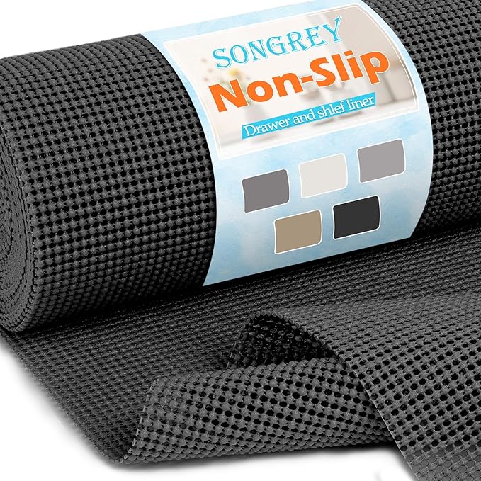 Songrey Non-Adhesive Drawer and Shelf Liner, Non Slip Cabinet Liners, Protect Kitchen Cupboard, Bathroom Drawers, Breathable, Thick Strong Grip mat (12IN x 10FT, Black)