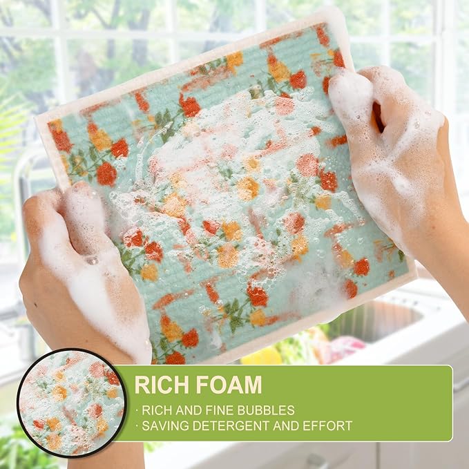 Swedish Dishcloths for Kitchen Reusable 6 Pack Kitchen Towels No Odor Quick-Drying Reusable Paper Towels Reusable Paper Towels Washable for Countertop, Sink, and Kitchen Rose