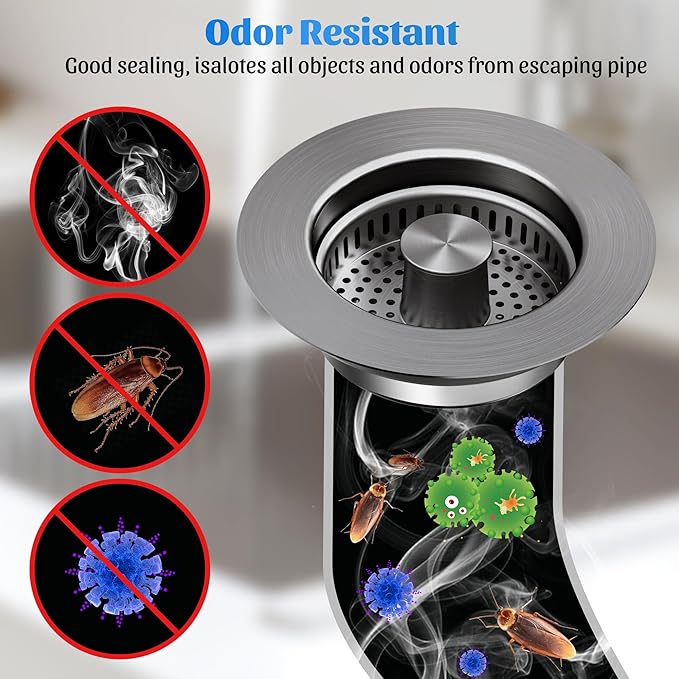 NinjaTiger Kitchen Sink Drain Strainer - 3-in-1 Stainless Steel Pop Up Sink Stopper Anti-Clogging Sink Strainer Basket Sink Drainer Filter Plug for US Standard 3-1/2'' Sink Drain | Gunmetal Gray