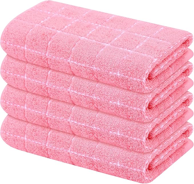 Mordimy 100% Cotton Terry Cloth Kitchen Towels, Super Soft and Absorbent Dish Towels for Drying, Checkered Designed Hand Towels for Kitchen, 16 x 26 Inches, 4 Pack, Pink