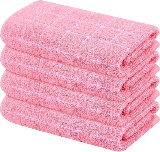 Mordimy 100% Cotton Terry Cloth Kitchen Towels, Super Soft and Absorbent Dish Towels for Drying, Checkered Designed Hand Towels for Kitchen, 16 x 26 Inches, 4 Pack, Pink
