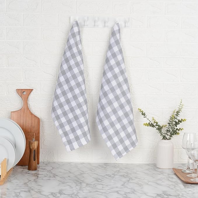 Blue Needles Waffle Weave Check Plaid Kitchen Towels, 15x25 Inches 100% Cotton Set of 4 Dish Towels for Kitchen, Soft & Absorbent for Quick Drying with Hanging Loop Spring Summer - Ash Grey & White