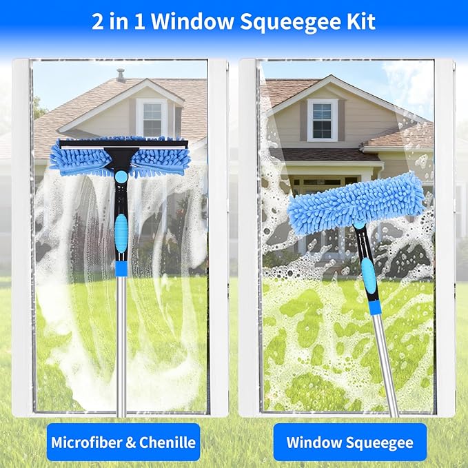152'' Window Cleaning Kit, 2 in 1 Window Squeegee with Extension Poles, Window Cleaner Tools for Indoor/Outdoor High Window, Car, Glass