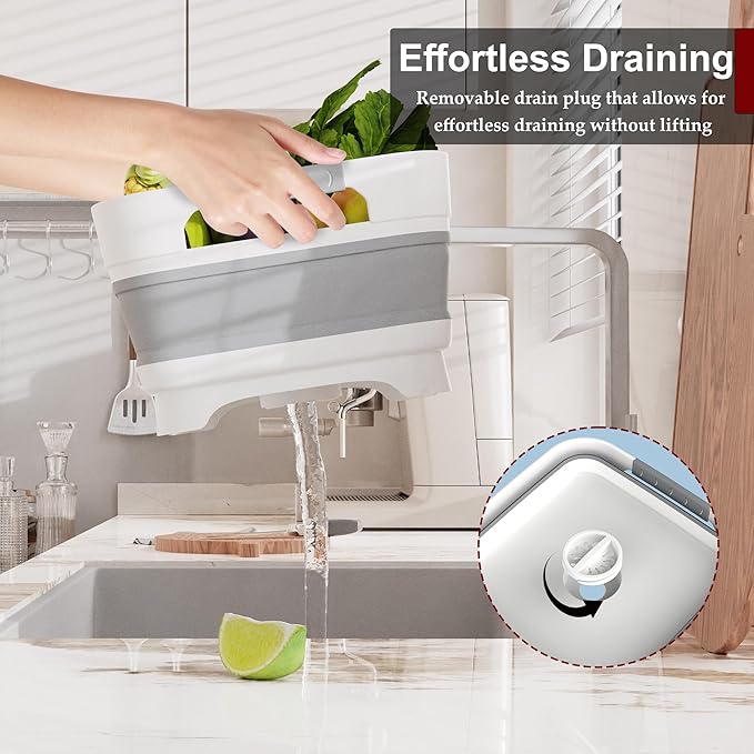 2.4 Gal Collapsbile Wash Basin with Drian Plug,9L Dish Pan for Soaking Baby Bottles,Portable Sink, Multiuse Foldable Bucket,Ice Beverage Tubs for Camping, Vegetable Washing, RV (Gray)