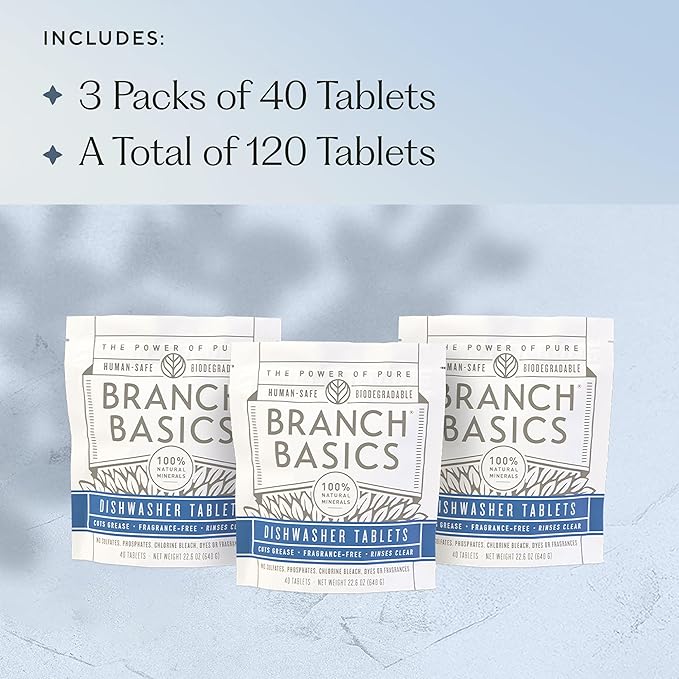Branch Basics Dishwasher Tablets – 40 Ct, 3 Pack | Plastic-Free, Fragrance-Free, Human-Safe | Delivers a Powerful Clean Without Harsh Chemicals