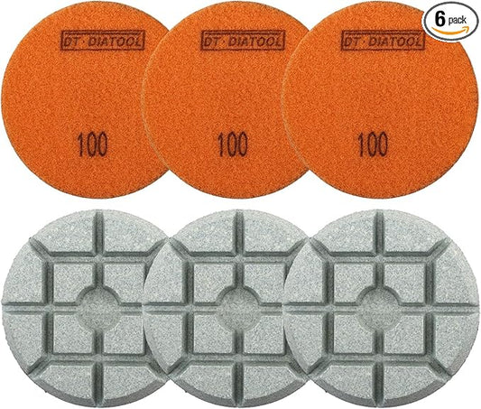 DT-DIATOOL 3 Inch Diamond Polishing Pads, 6pcs #100 Wet Polishing Hook and Loop Pads for Concrete Countertop