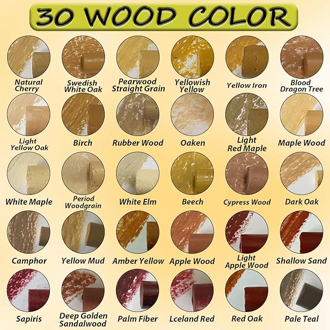 30+2p Wood Filler Sticks - 30 Colors Wood Markers Furniture Repair Wax Crayons with 2 Scrapers, Furniture Touch Up Markers Kit for Repairing Cabinets, Floors &Furniture, Wood Color Series