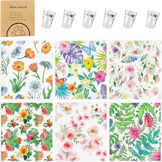 6 Pack Swedish Dishcloths for Kitchen, Swedish Rags Absorbent Floral Dish Cloths Dish Towels with Adhesive Clips, Reusable Paper Towels No Odor for Cleaning Kitchen Valentines Gifts for Women