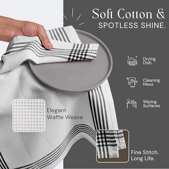 Waffle White & Black 12 Pack Kitchen Dish Towels, 100% Cotton, 16x26 inches, Wash Rags for Drying Dishes, Highly Absorbent, Long Lasting Hand Towels Set for Daily Cooking & Cleaning